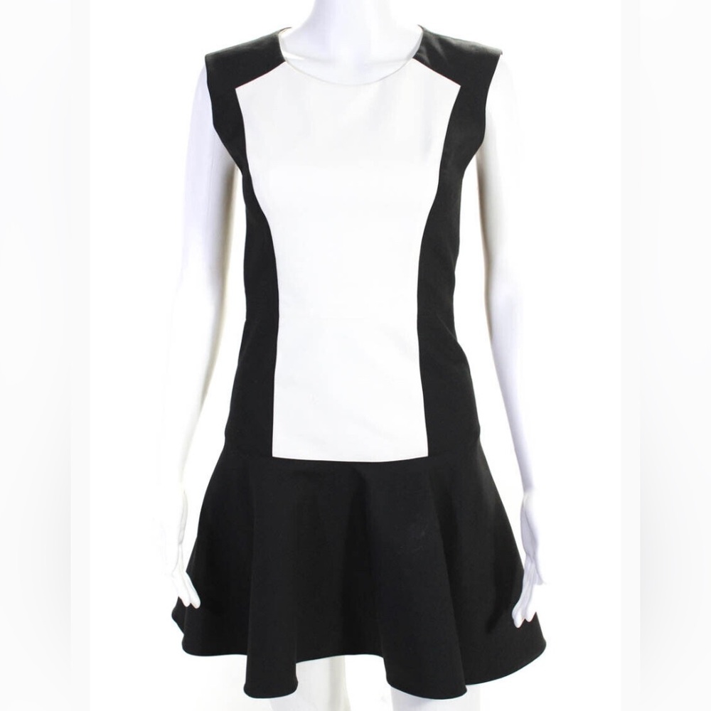 Marna Ro Womens Back Zip Sleeveless Crew Neck Peplum Dress Black White S